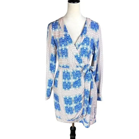 Ciebon Rachelle Blue Multi Print V-neck Long Sleeve Mini Wrap Dress - Picture 5 of 16